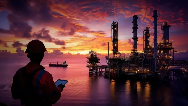 Worker using tablet overlooking offshore oil platform during sunset